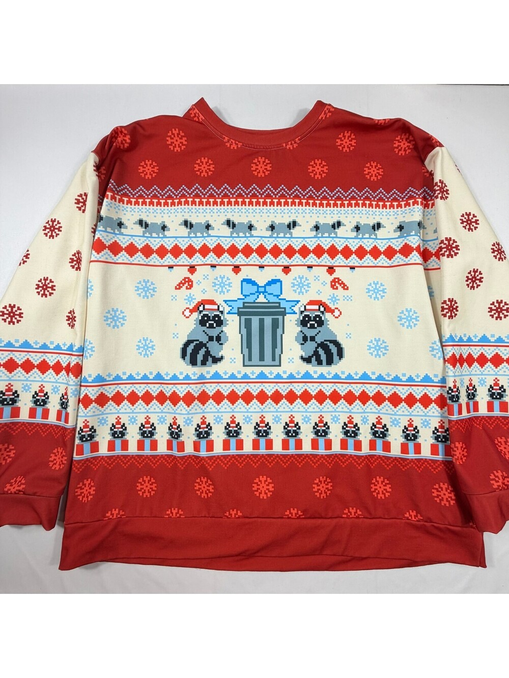 LookHuman 4XL Red and Cream Holiday Sweatshirt with Raccoon